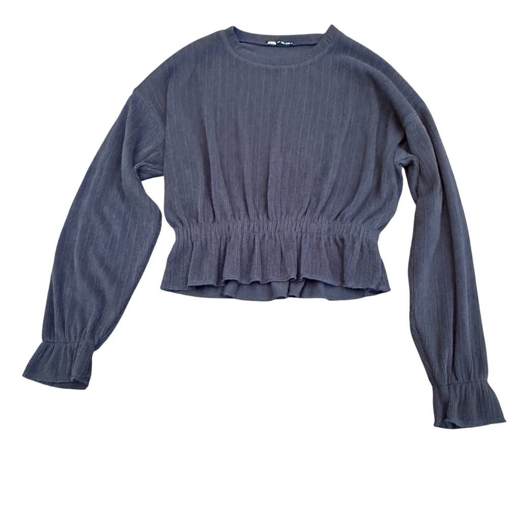 Zara Women Black Ribbed Smocked Waist Peplum Top Long Sleeve Crew Neck Small